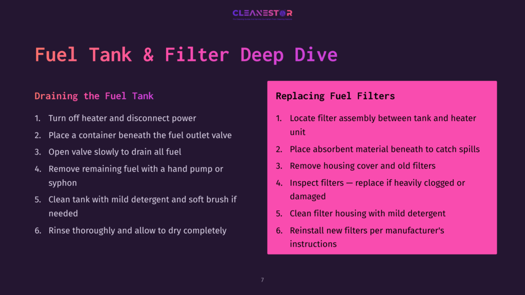 Cleanestor Presentation Slide: &Quot;Fuel Tank &Amp; Filter Deep Dive&Quot; Details Draining And Replacing Fuel Filters. Purple And Pink Text On A Dark Background.