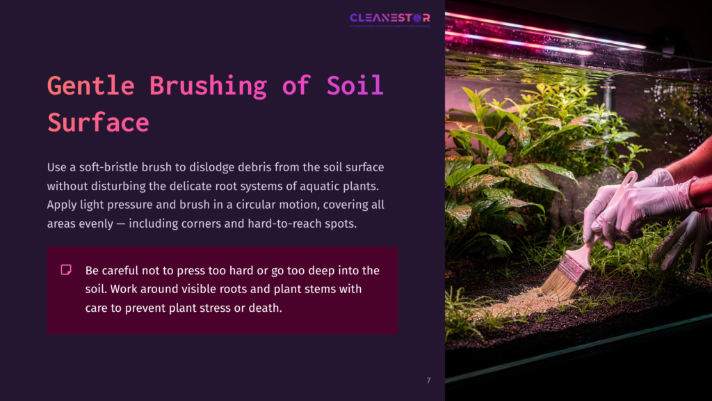 A Hand Using A Soft-Bristle Brush To Gently Clean Soil In An Aquarium, With Aquatic Plants And Vibrant Tank Lighting In The Background.
