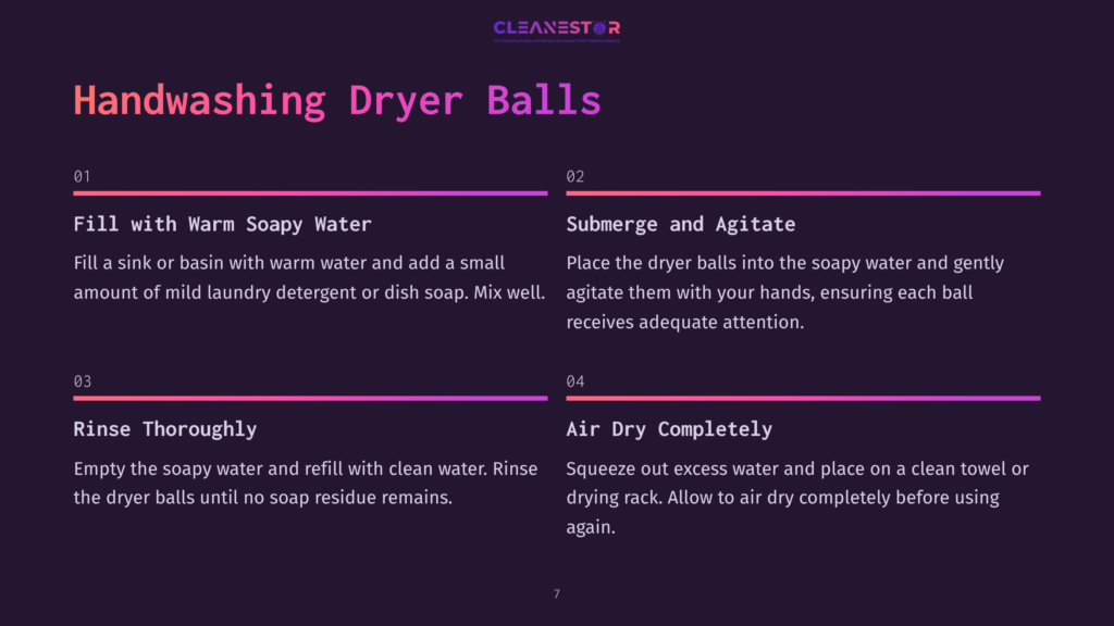 Four-Step Guide To Cleaning Dryer Balls, With Numbered Sections Outlining Filling, Rinsing, And Air Drying, Set Against A Dark Background.