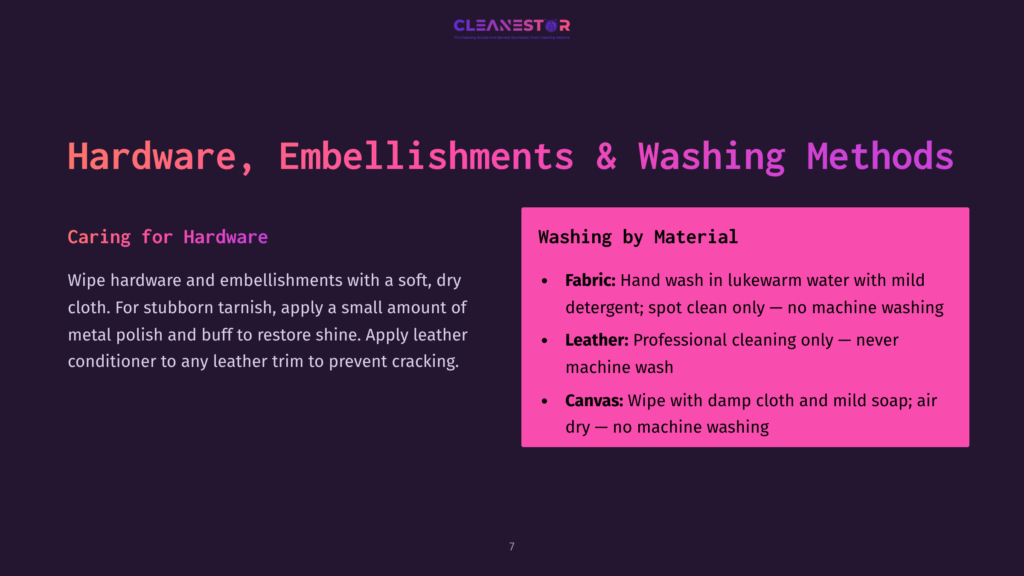 Cleanestor Logo And Text On A Purple Background, With The Title &Quot;Hardware, Embellishments &Amp; Washing Methods&Quot; And Care Instructions For Hardware, Fabric, Leather, And Canvas.