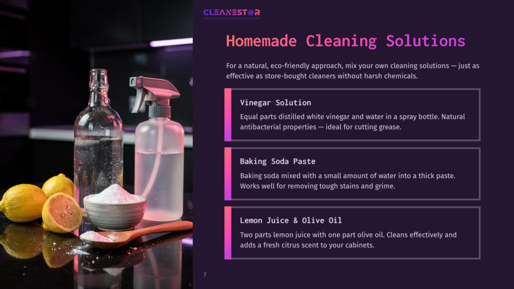 7 Homemade Cleaning Solutions Homemade Cleaning Solutions: Distilled White Vinegar In A Spray Bottle, Baking Soda In A Bowl With A Wooden Scoop, And Lemons And Olive Oil On A Dark, Reflective Countertop.