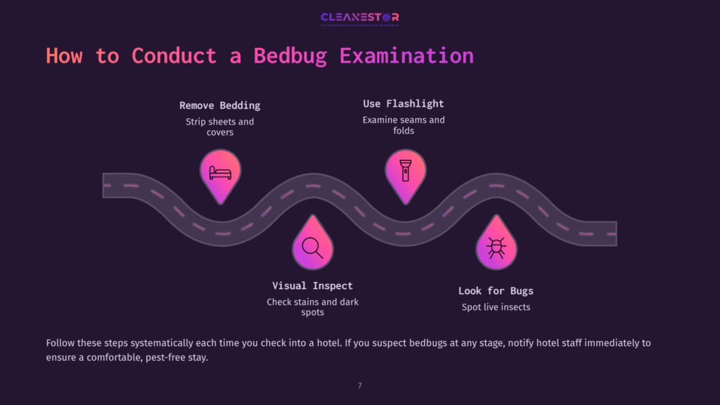 7 How To Conduct A Bedbug Examination Infographic Illustrating How To Conduct A Bedbug Examination: Remove Bedding, Use A Flashlight, Visually Inspect For Stains, And Look For Bugs. The Text &Quot;Cleanestor&Quot; Is Visible At The Top.