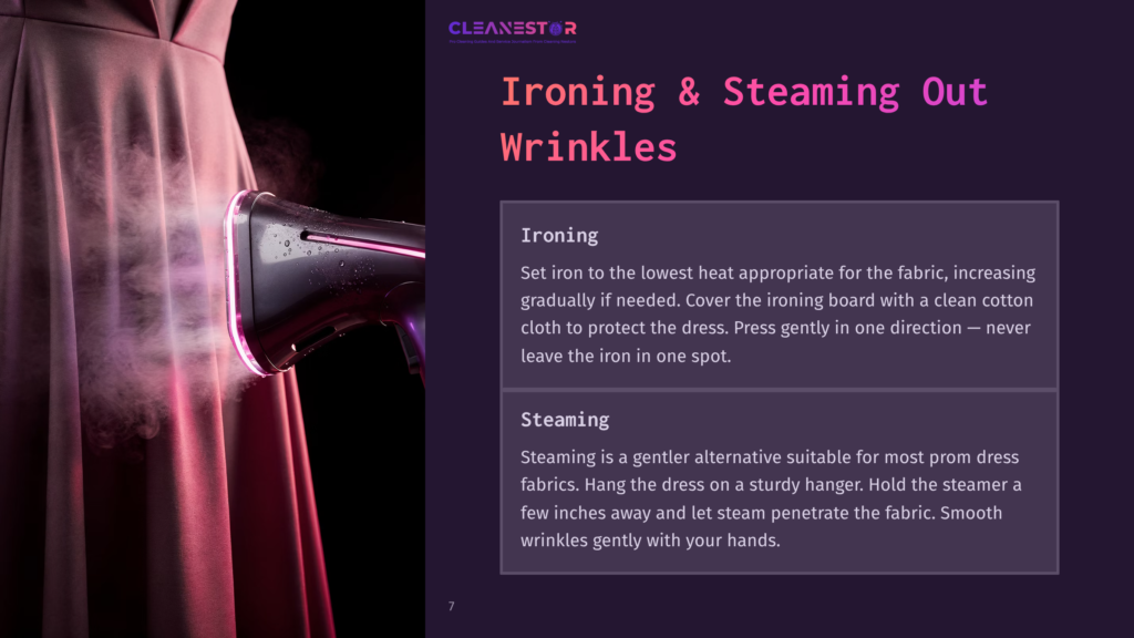 A Garment Steamer Emitting Steam Next To A Pink Prom Dress, With Instructions On Ironing And Steaming To Remove Wrinkles.