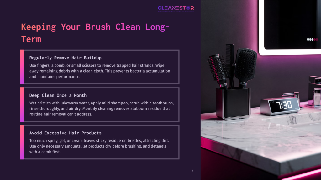 7 Keeping Your Brush Clean Long Term A Modern Bathroom Vanity With A White Marble Countertop Features A Black Hairbrush And Comb Set In A Holder, A Silver Digital Clock Displaying 7:30, And A Sleek Faucet. The Image Highlights Bathroom Hygiene Tips.