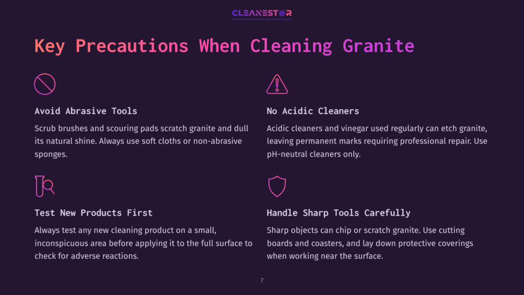 Infographic Detailing Key Precautions For Cleaning Granite, Featuring Icons For &Quot;Avoid Abrasive Tools,&Quot; &Quot;No Acidic Cleaners,&Quot; &Quot;Test New Products First,&Quot; And &Quot;Handle Sharp Tools Carefully,&Quot; With Accompanying Text In English.