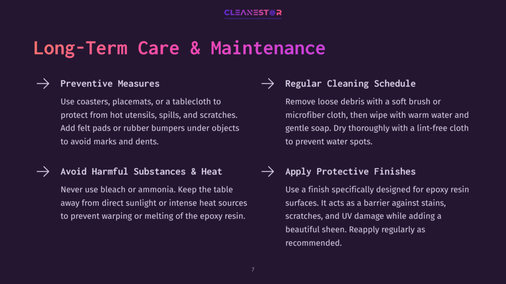 Bullet-Pointed List Of Maintenance Tips For Epoxy Resin Tables, With Purple And White Text On A Dark Background, Emphasizing Care Measures And Cleaning Methods.