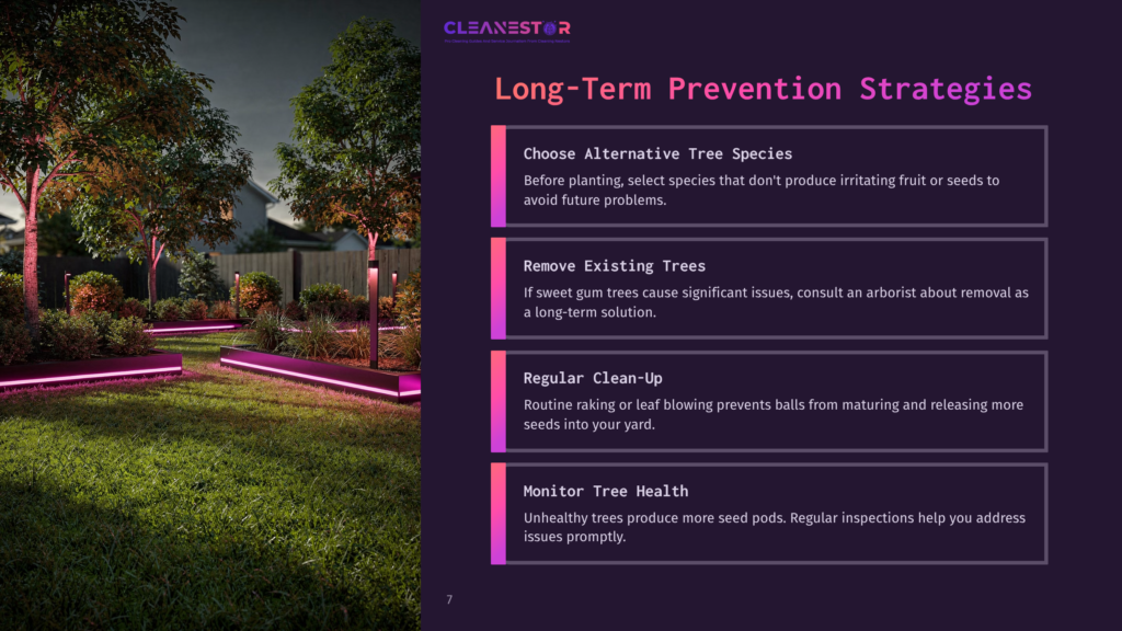 7 Long Term Prevention Strategies Cleanestor Logo And &Quot;Long-Term Prevention Strategies&Quot; Title Above Sections On Choosing Alternative Trees, Removing Existing Trees, Regular Clean-Up, And Monitoring Tree Health.