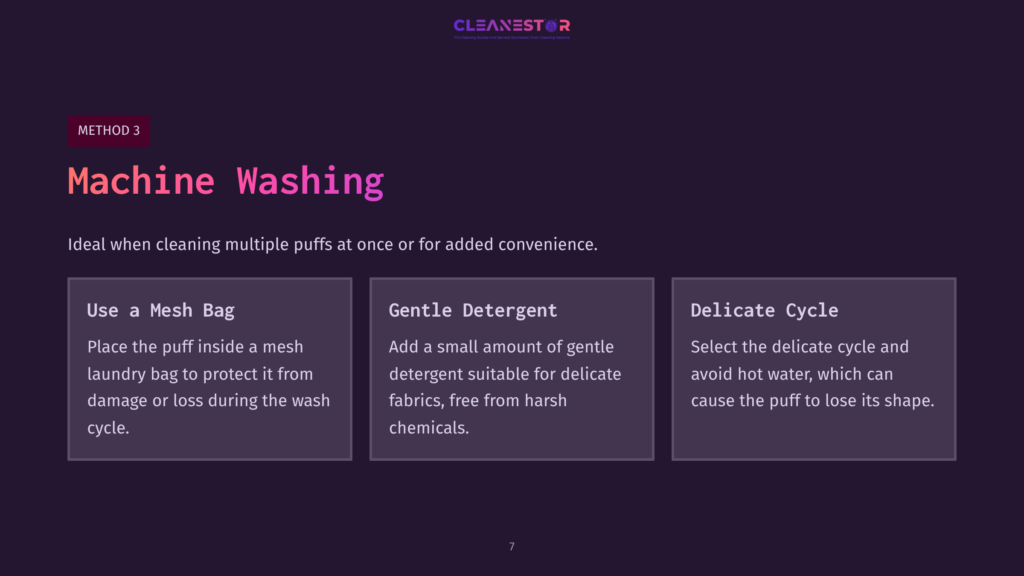 Purple Background With White And Pink Text Outlining Machine Washing Instructions. Includes Icons For A Mesh Bag, Detergent, And Delicate Cycle.