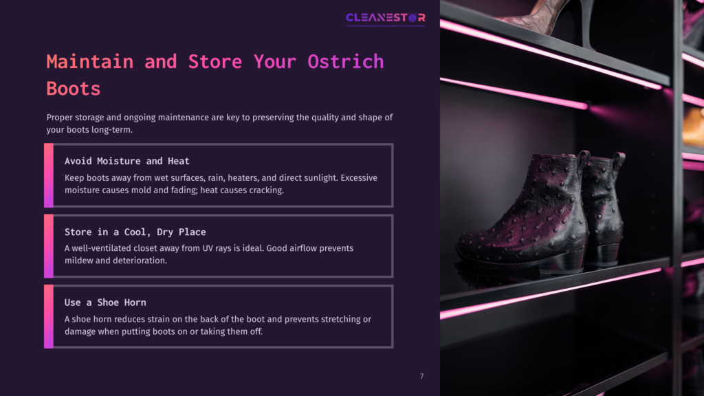 Black Ostrich Leather Boots Displayed On A Shelf With Pink Led Lighting. Text Overlay Reads &Quot;Cleanestar&Quot; And &Quot;Maintain And Store Your Ostrich Boots.