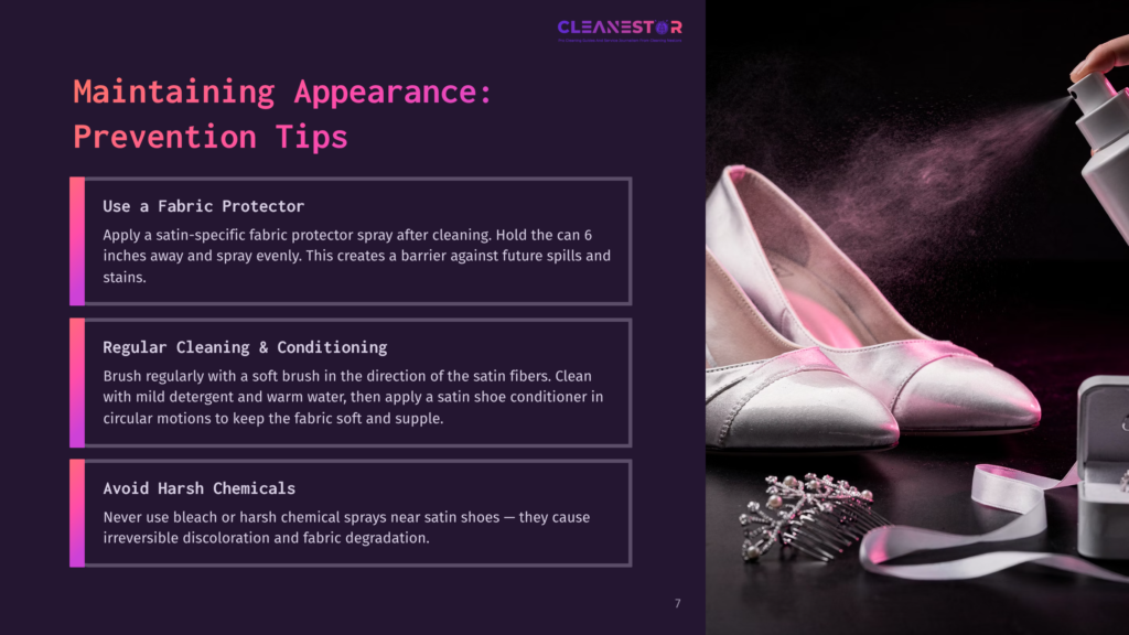 Elegant Silver Satin High Heels Are Being Sprayed With A Protective Mist, With A Ring Box And Hair Accessories Nearby. The Image Illustrates The &Quot;Maintaining Appearance: Prevention Tips&Quot; For Satin Shoes.