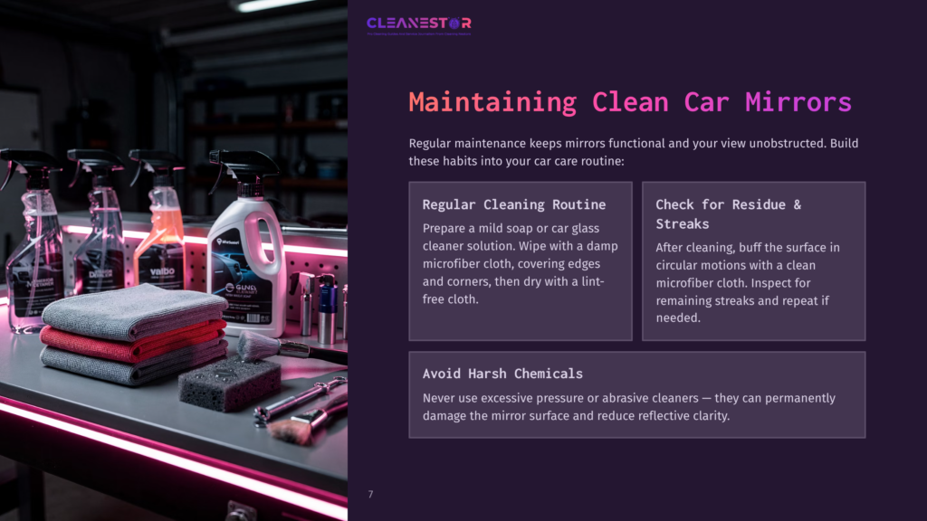 7 Maintaining Clean Car Mirrors A Clean Workspace Features Car Cleaning Supplies: Spray Bottles, Microfiber Cloths, And A Soft Sponge, With Neon Lighting Accents.