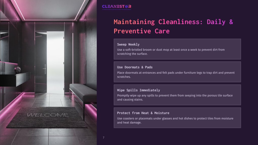 A Clean, Modern Space Featuring A Dark Mat With &Quot;Welcome&Quot; Text, Illuminated By Soft Purple Lights, And Sleek Tile Flooring.