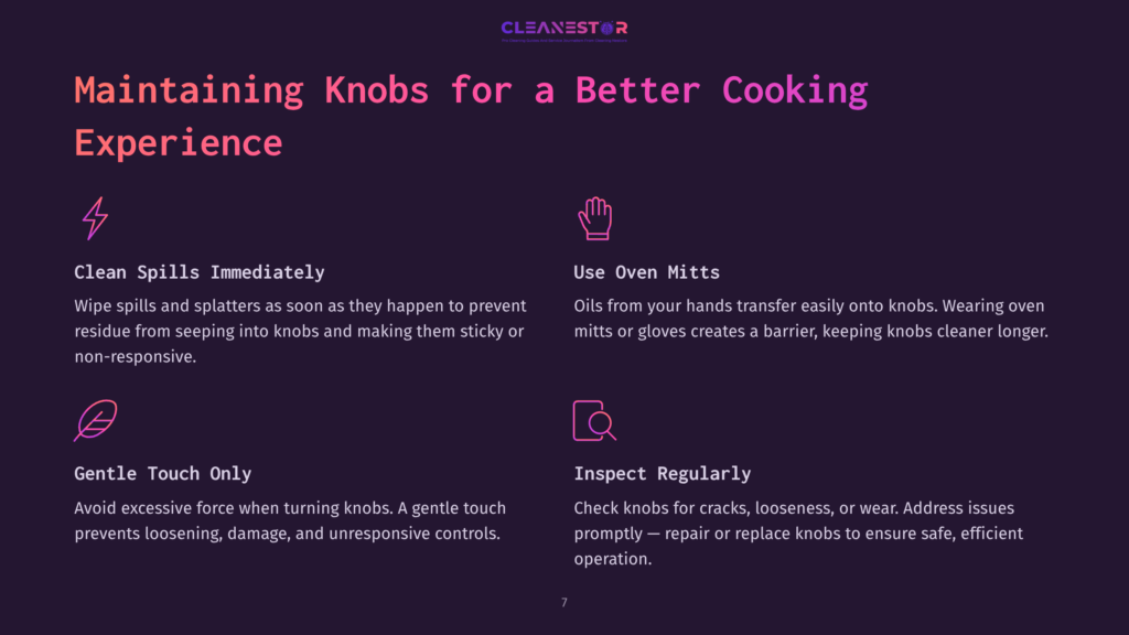 Graphic With A Dark Background Featuring White And Purple Text. Key Points On Cleaning Oven Knobs, Including Guidance On Spills, Mitts, Gentle Touch, And Regular Inspection.