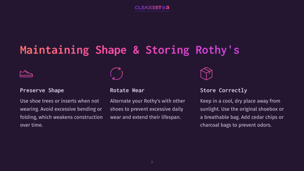 Text On A Dark Purple Background, Outlining Tips For Maintaining Rothy'S Shoes: Preserve Shape, Rotate Wear, And Store Correctly.