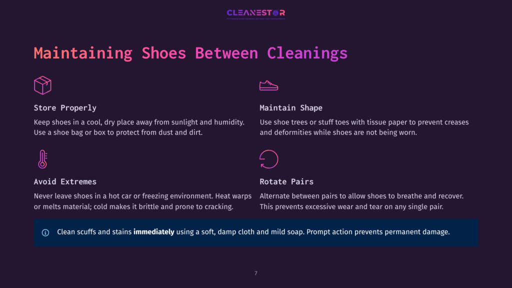 7 Maintaining Shoes Between Cleanings Cleanestor Logo And Text On A Dark Background With Purple And Pink Accents. The Text Reads &Quot;Maintaining Shoes Between Cleanings&Quot; And Outlines Tips For Shoe Care, Including Storing Properly, Maintaining Shape, Avoiding Extremes, And Rotating Pairs.