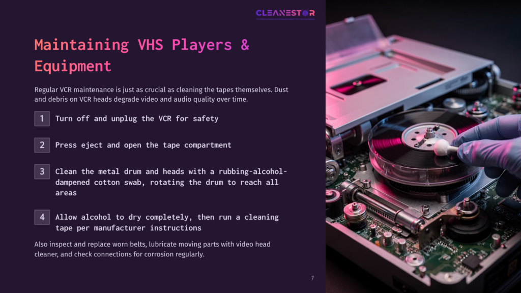 7 Maintaining Vhs Players And Equipment Close-Up Of A Gloved Hand Cleaning A Vhs Player'S Metal Drum With A Cotton Swab. The Image Shows The Intricate Internal Components Of The Player, Emphasizing The Need For Vhs Player Maintenance.