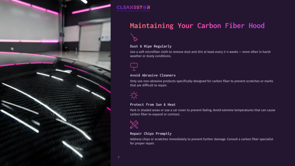 Close-Up Of A Sleek, Black Carbon Fiber Car Hood With A Glossy Finish, Reflecting Bright Pink And Purple Neon Lights. Text Overlay Reads &Quot;Cleanestor Maintaining Your Carbon Fiber Hood&Quot;.