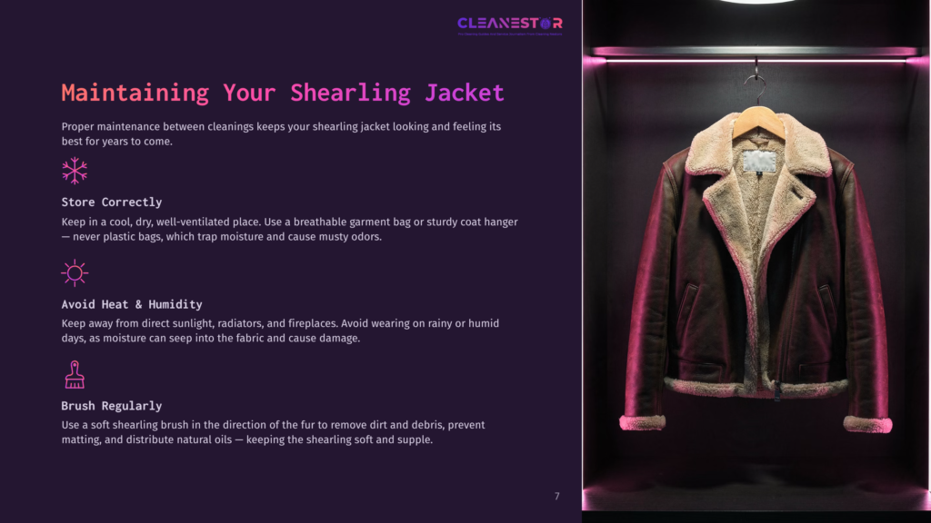 A Shearling Jacket Hangs In A Dimly Lit Closet, Showcasing Its Rich Brown Leather And Plush Cream Shearling Lining. The Jacket Is Zipped Up, With The Collar Turned Up, Emphasizing Its Luxurious Texture And Warmth.
