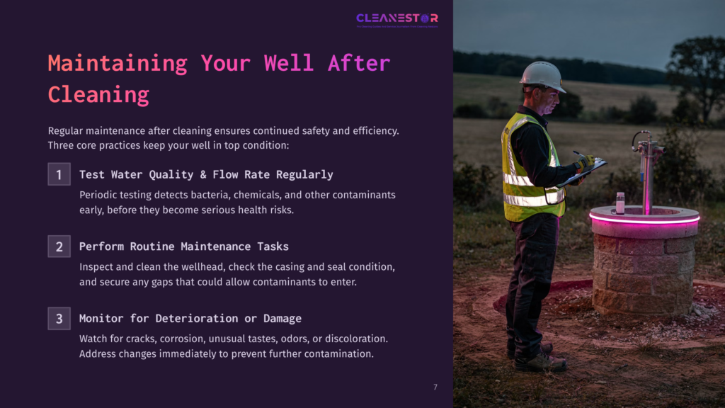 A Well-Dressed Worker In A Yellow Safety Vest And Hard Hat Inspects A Wellhead, Clipboard In Hand, Next To A Stone Well With A Glowing Pink Ring, Highlighting Well Maintenance And Safety.