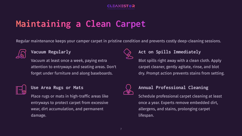 Graphic With Text About Maintaining A Clean Carpet: Vacuum Regularly, Act On Spills Immediately, Use Area Rugs Or Mats, Annual Professional Cleaning.