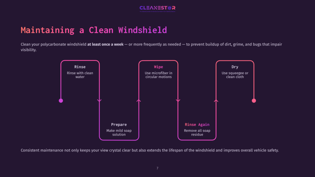 Visual Flowchart With Purple Background Detailing Steps For Cleaning A Polycarbonate Windshield: Rinse, Prepare Solution, Wipe, Rinse Again, Dry.