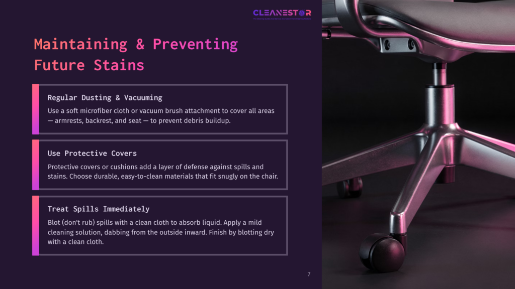 A Chair Cleaning Guideline With A Modern Office Chair, Featuring A Gray Seat And Silver Base, Highlighted Tips In White And Purple Boxes.