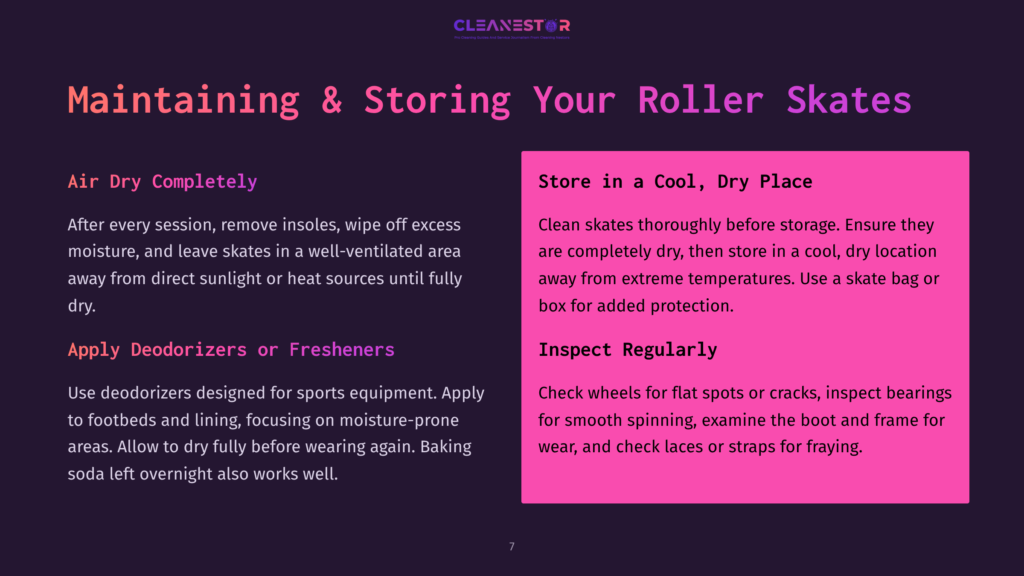 Text On A Vibrant Background, Featuring Tips For Cleaning Roller Skates, With Sections Highlighted In Purple And Pink, Emphasizing Care Instructions.