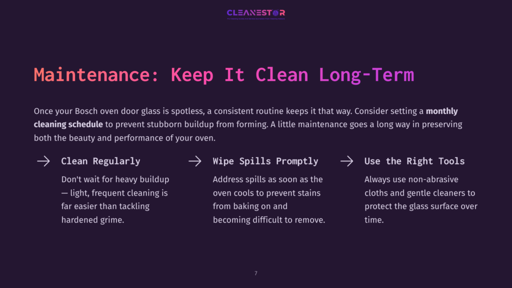 Bullet Points On A Dark Background Provide Maintenance Tips For Keeping Oven Door Glass Clean, Emphasizing Regular Cleaning And Prompt Spill Management.
