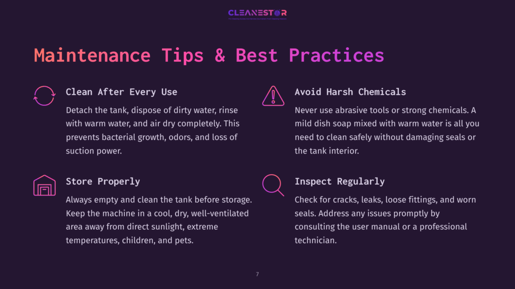 Maintenance Tips And Best Practices For Cleaning, Including Cleaning After Use, Avoiding Harsh Chemicals, Storing Properly, And Inspecting Regularly. The Text Is Presented On A Dark Purple Background With Pink Accent Graphics.