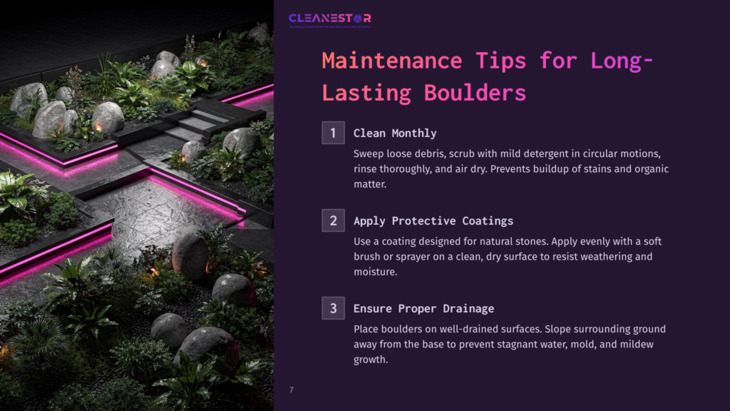 A Landscaped Area Featuring Several Smooth Boulders Surrounded By Green Plants And Illuminated By Pink Lighting, With Maintenance Tips Outlined.