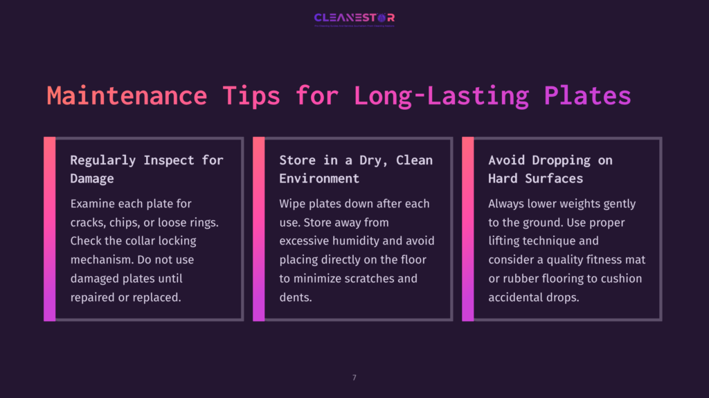 Tips For Maintaining Weight Plates: Inspect For Damage, Store Dry, And Avoid Dropping On Hard Surfaces, Outlined In Colorful Boxes.