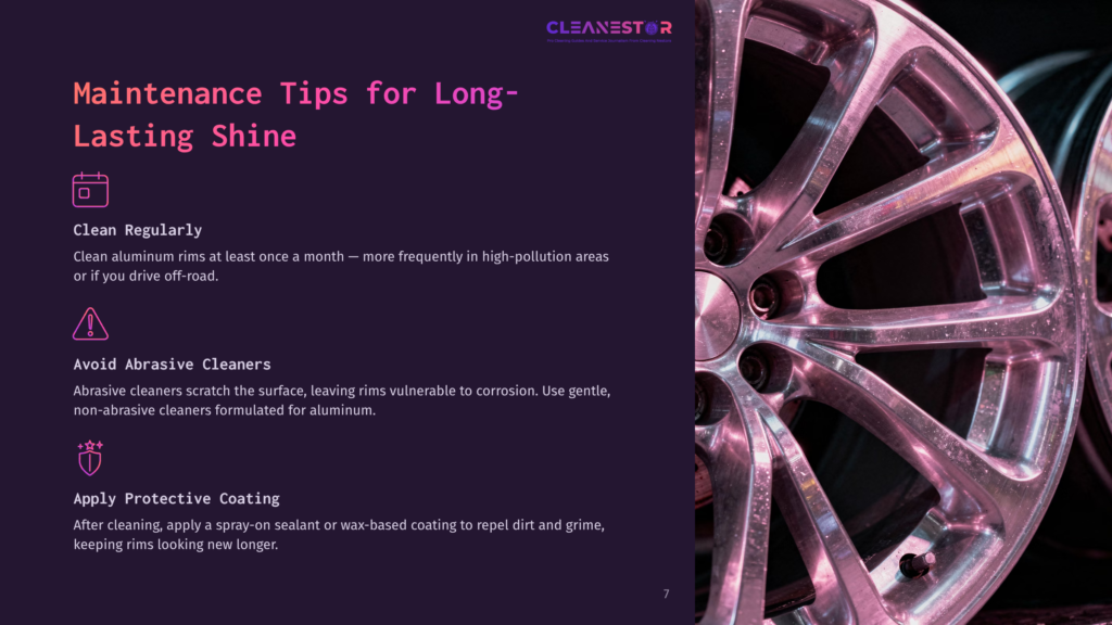 Close-Up Of Shiny Aluminum Rims, Showcasing Intricate Designs. Background Features Text With Maintenance Tips In Bold Colors.