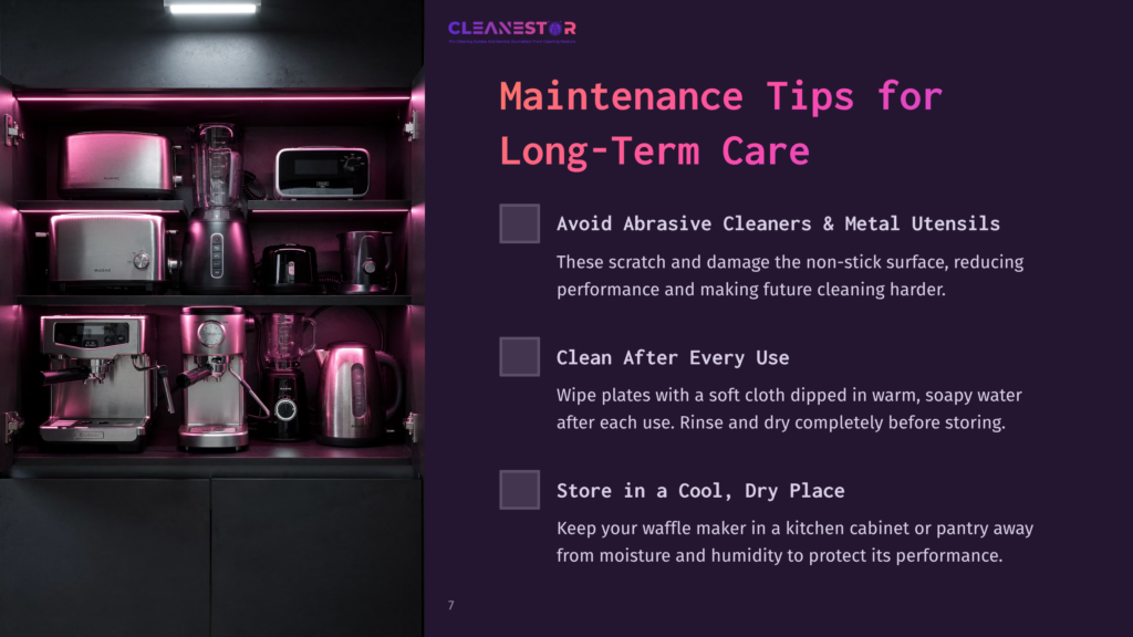 A Dark Purple Kitchen Display Featuring Various Cleaning Supplies And Appliances, Emphasizing Maintenance Tips For A Waffle Maker.