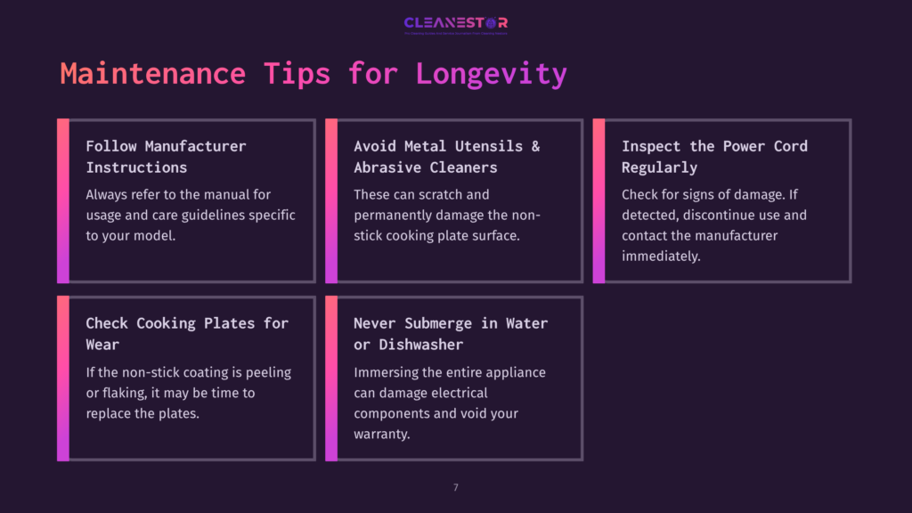 Infographic With Maintenance Tips For Longevity, Featuring Text Like &Quot;Follow Manufacturer Instructions,&Quot; &Quot;Avoid Metal Utensils &Amp; Abrasive Cleaners,&Quot; &Quot;Inspect The Power Cord Regularly,&Quot; &Quot;Check Cooking Plates For Wear,&Quot; And &Quot;Never Submerge In Water Or Dishwasher.