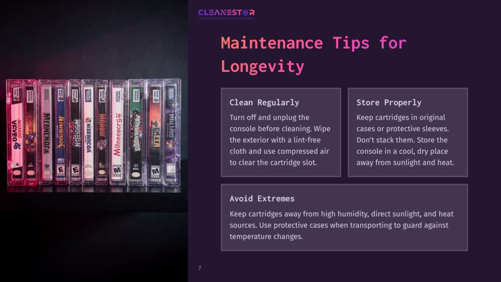 7 Maintenance Tips For Longevity Row Of Nintendo 64 Game Cartridges In Plastic Cases, Displayed Against A Dark Background, With Maintenance Tips In Purple Text On The Right.