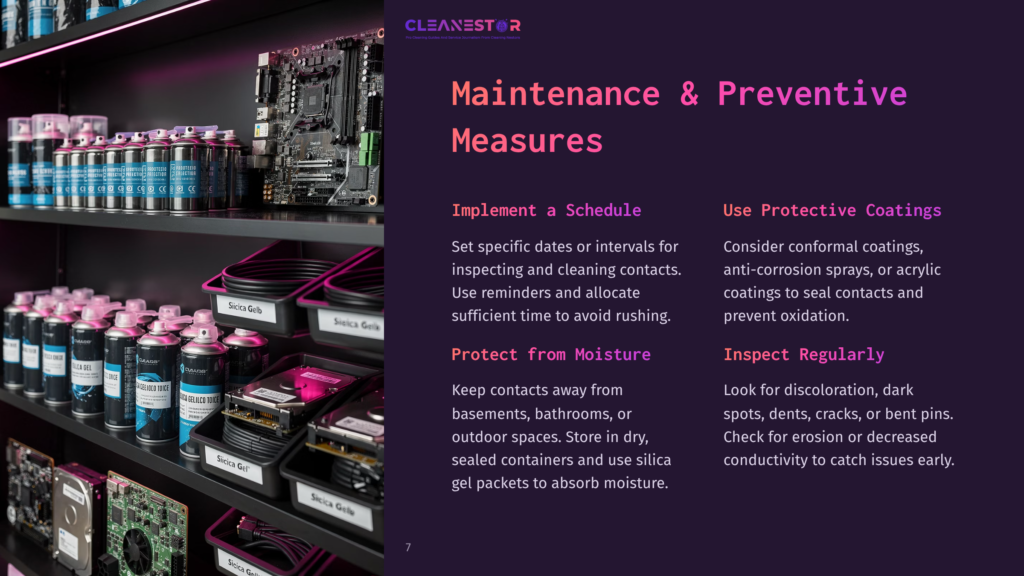 Shelves Of Electronics Maintenance Supplies, Including Cans Of Silica Gel, Cleaning Sprays, And Computer Components, Are Displayed With A &Quot;Cleanestor Maintenance &Amp; Preventive Measures&Quot; Heading.