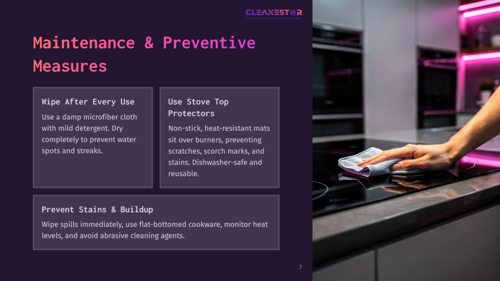 7 Maintenance And Preventive Measures 2 A Person'S Hand Wipes A Black Induction Stovetop With A Damp Grey Microfiber Cloth, Preventing Stains And Promoting Proper Maintenance.