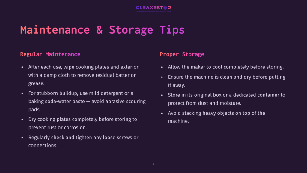 White Text On A Dark Purple Background Lists Maintenance And Storage Tips For A Waffle Cone Maker, With Bullet Points Organized Clearly.