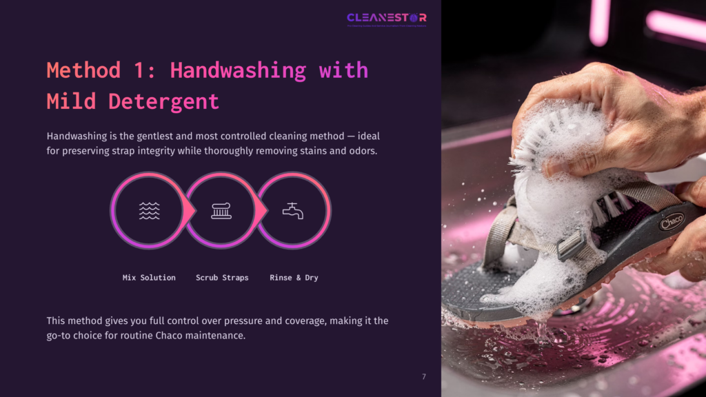 Hands Scrubbing A Chaco Sandal With A Brush And Soap Suds In A Sink, Illustrating The &Quot;Method 1: Handwashing With Mild Detergent&Quot; For Chaco Maintenance.