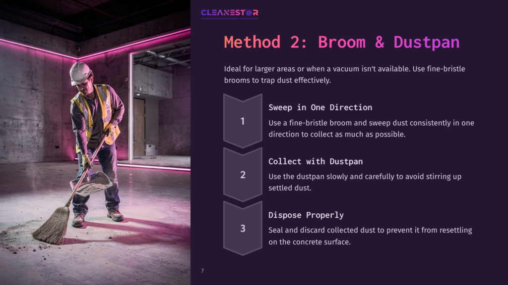 A Construction Worker Sweeps Dust In A Concrete Building With Pink Neon Lighting, Illustrating Method 2: Broom &Amp; Dustpan For Effective Dust Removal.