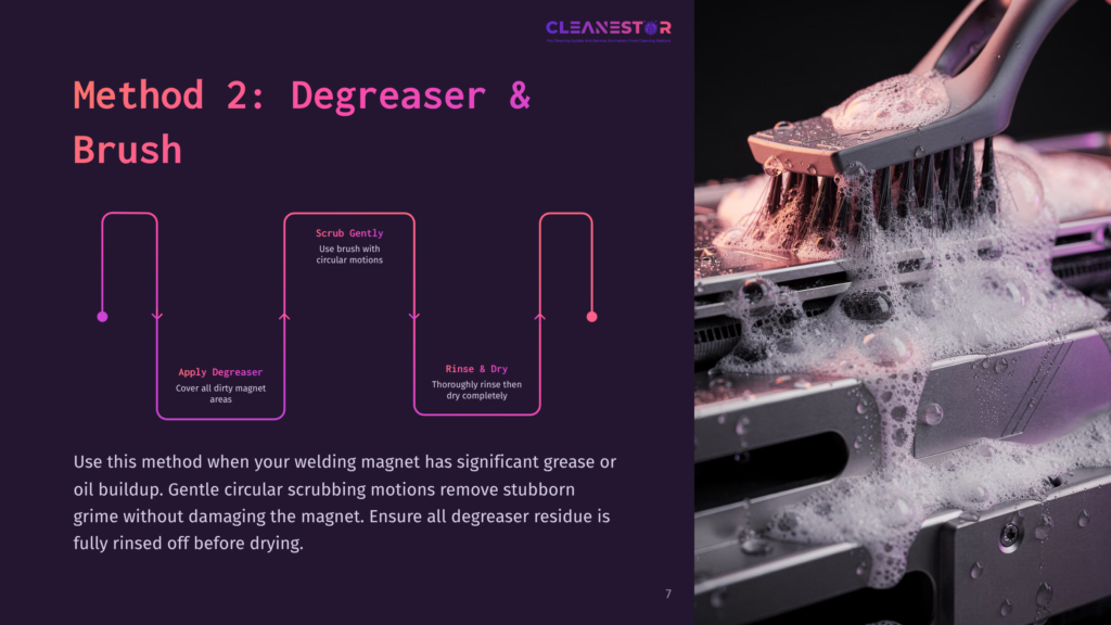 Method 2: Degreaser &Amp; Brush. A Close-Up Shows A Cleaning Brush With Purple Bristles Scrubbing A Circuit Board Covered In White Suds And Water, Indicating A Degreasing Process.