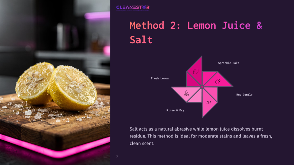 Fresh Lemon Halves Sit On A Wooden Cutting Board With Salt Sprinkled Around. Diagrams Illustrate Cleaning Steps In Pink Against A Dark Background.