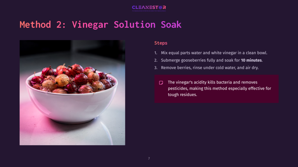 A White Bowl Overflowing With Fresh, Ripe Gooseberries Sits On A Reflective Surface, Bathed In Soft Pink And Purple Light. The Image Illustrates The &Quot;Vinegar Solution Soak&Quot; Method For Cleaning Berries.