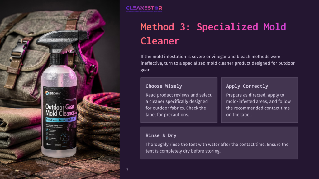 A Bottle Of &Quot;Outdoor Gear Mold Cleaner&Quot; By Radeko Sits On A Wooden Surface Next To A Coiled Rope And A Backpack. The Spray Bottle Is Wet, Indicating Recent Use.