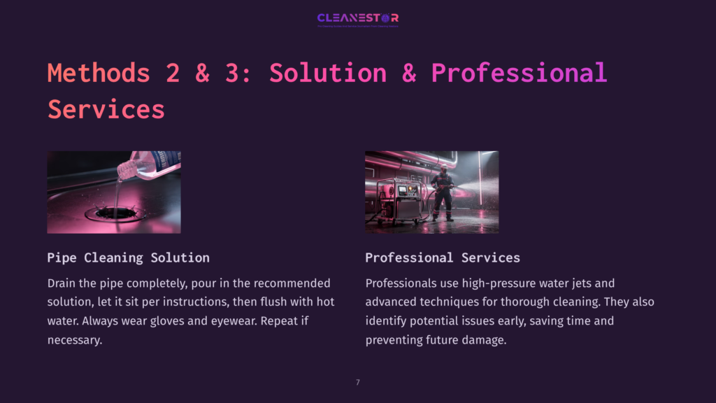 Two Methods For Pipe Cleaning: A Close-Up Of A Cleaning Solution Being Poured Into A Drain, And A Professional Using High-Pressure Water Jets For Thorough Cleaning.