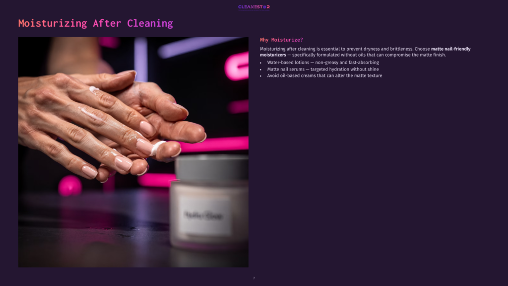 7 Moisturizing After Cleaning Close-Up Of Hands Applying White Matte Moisturizer After Nail Cleaning, With A Jar Of Moisturizer In The Background.
