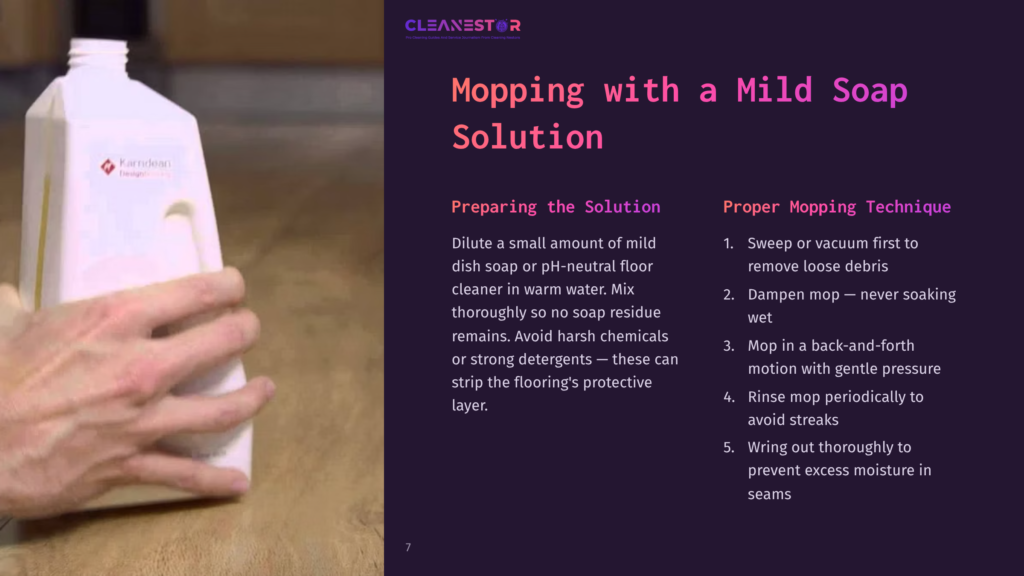 A Hand Holds A Bottle Of Mild Soap On A Wooden Floor, Accompanied By Instructions For Mopping And Cleaning Techniques.