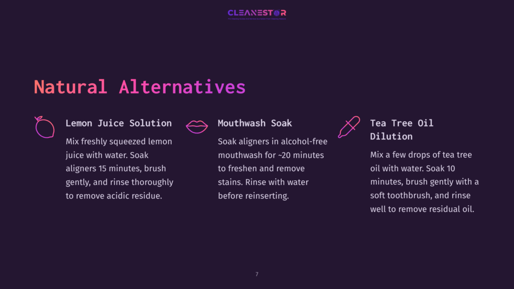 A Purple Background With White And Pink Text Outlining Natural Cleaning Alternatives For Invisalign: Lemon Juice Solution, Mouthwash Soak, And Tea Tree Oil Dilution.