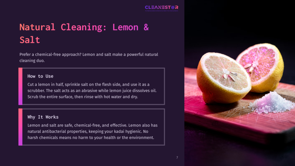 A Halved Lemon On A Dark Purple Background, Alongside A Bowl Of Salt, Highlighting Natural Cleaning Methods.