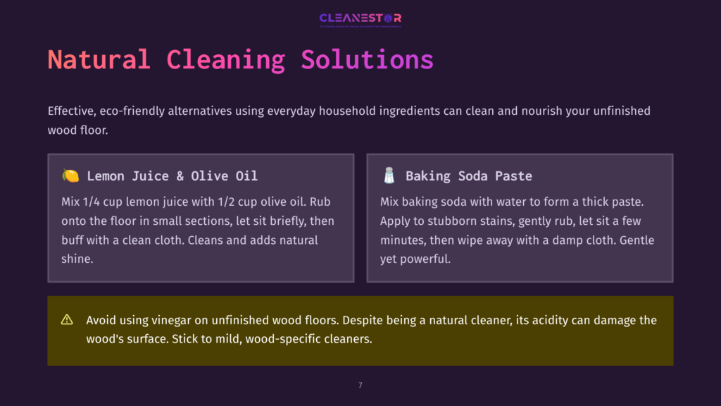 7 Natural Cleaning Solutions 1 Natural Cleaning Solutions For Unfinished Wood Floors: Lemon Juice &Amp; Olive Oil Mixture And Baking Soda Paste Recipes, With A Warning About Vinegar.